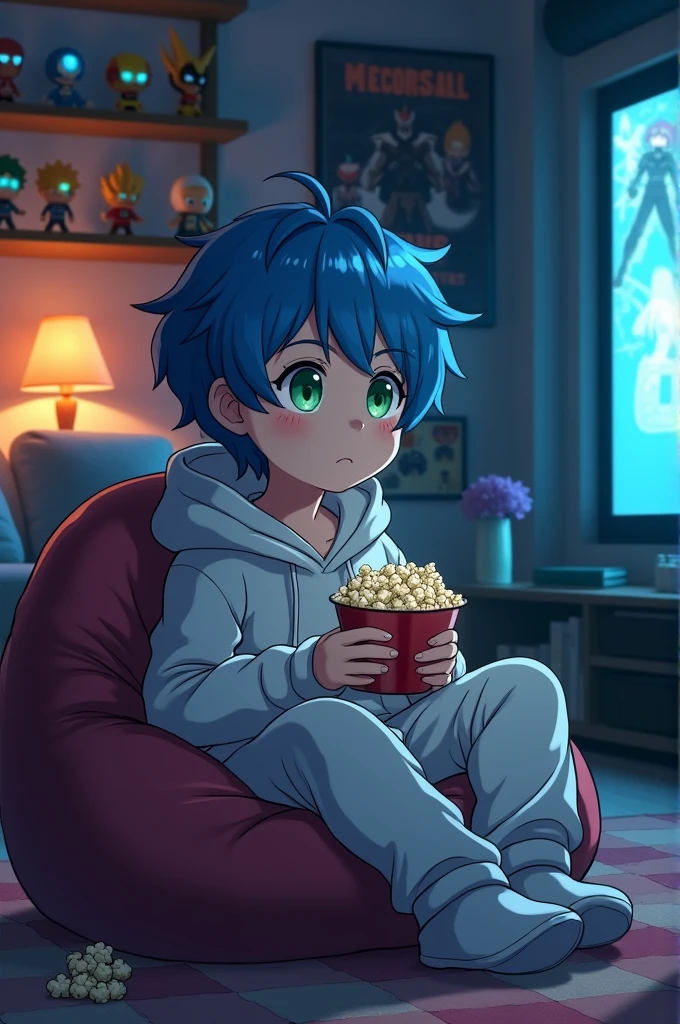 Anime-style boy sitting watching a movie 