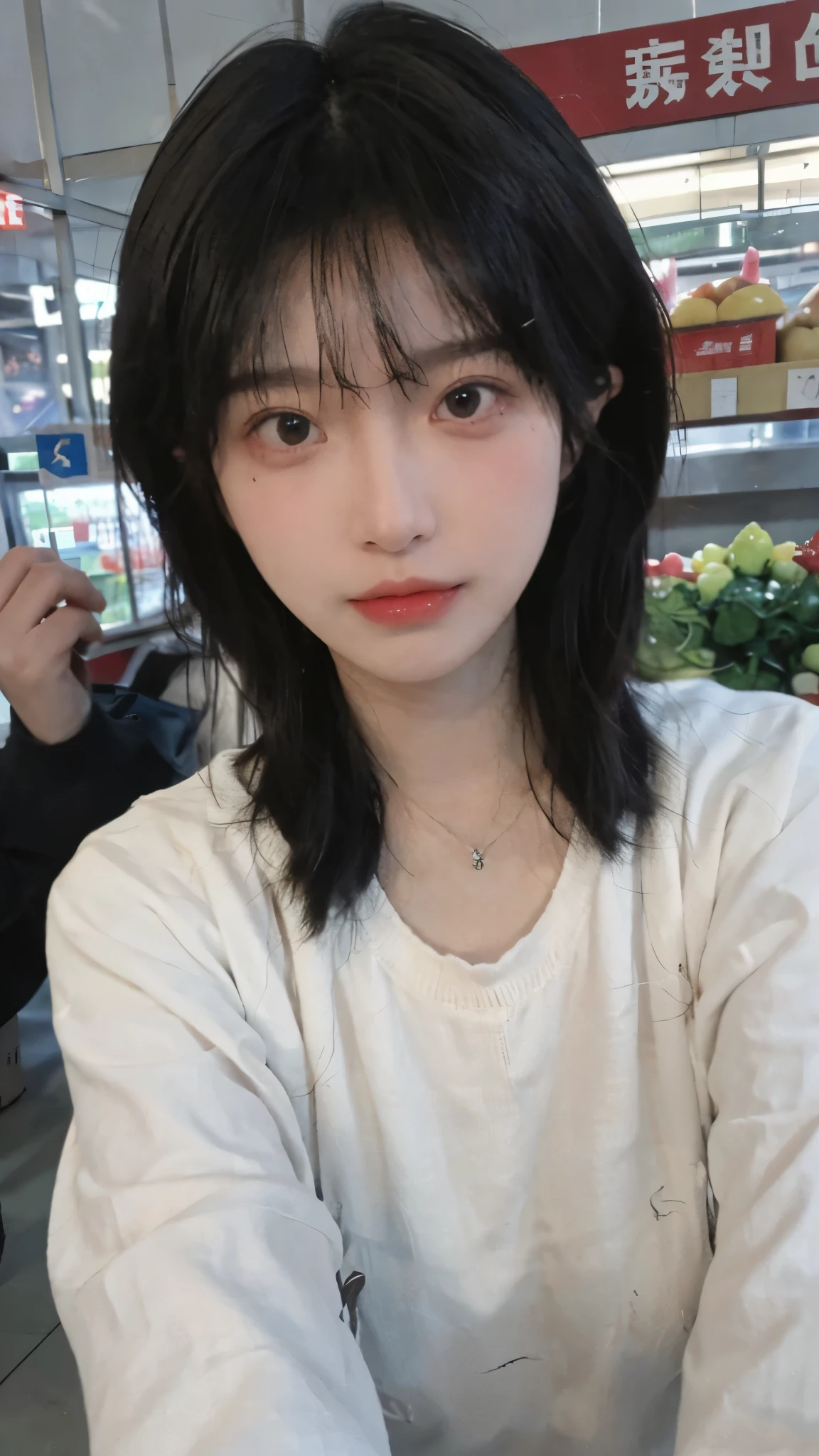 Best quality，Ultra-high resolution,(Realism:1.4)，Cute hairpins，girll,Cropped black sweater，Look directly at the audience，Full of atmosphere，Beautiful woman with a slim figure:1.4，supermarket，whole body，Super delicate face，Exquisite eyes，Double eyelids，necklace