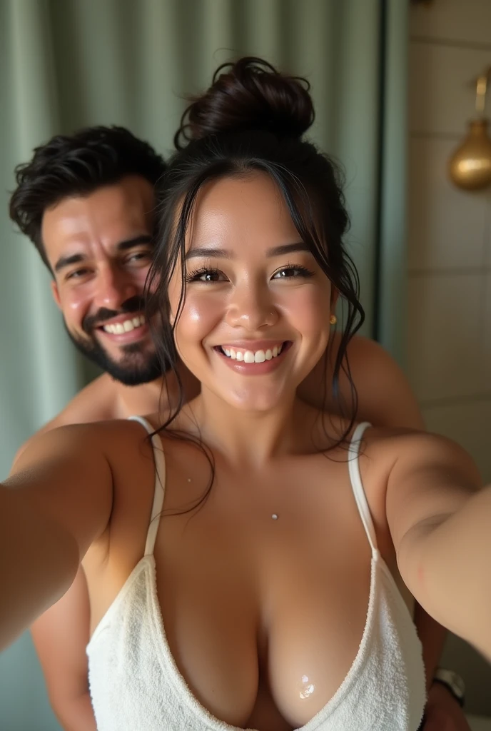 A hyper-realistic, ultra-high-definition mirror photo capturing a Japanese couple in a love hotel bathroom at night. The woman, with long flowing hair and a large bust, is sitting on the edge of the bathroom counter, behind the man, and is wearing a fitted, off-shoulder top that accentuates her figure. She wraps her arms around him in an intimate embrace, slightly leaning into him. The woman is holding a smartphone in one hand, taking the photo through the mirror. Both have detailed Japanese fac