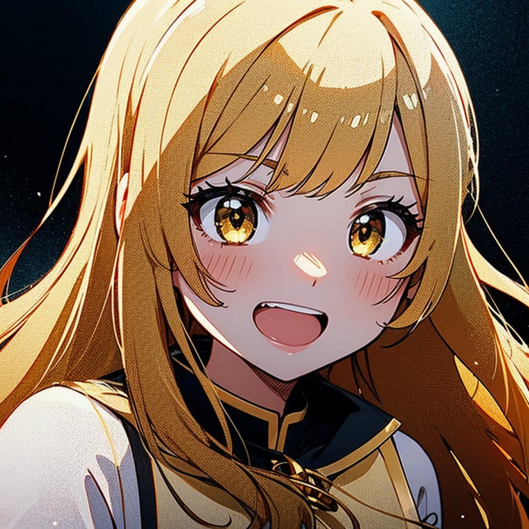 girl, flowing golden blonde hair, yellow eyes, Golden Imperial Attire, cutout, anime, background - clear sky with twinkling lights., Dynamic angle, arrogant laughter