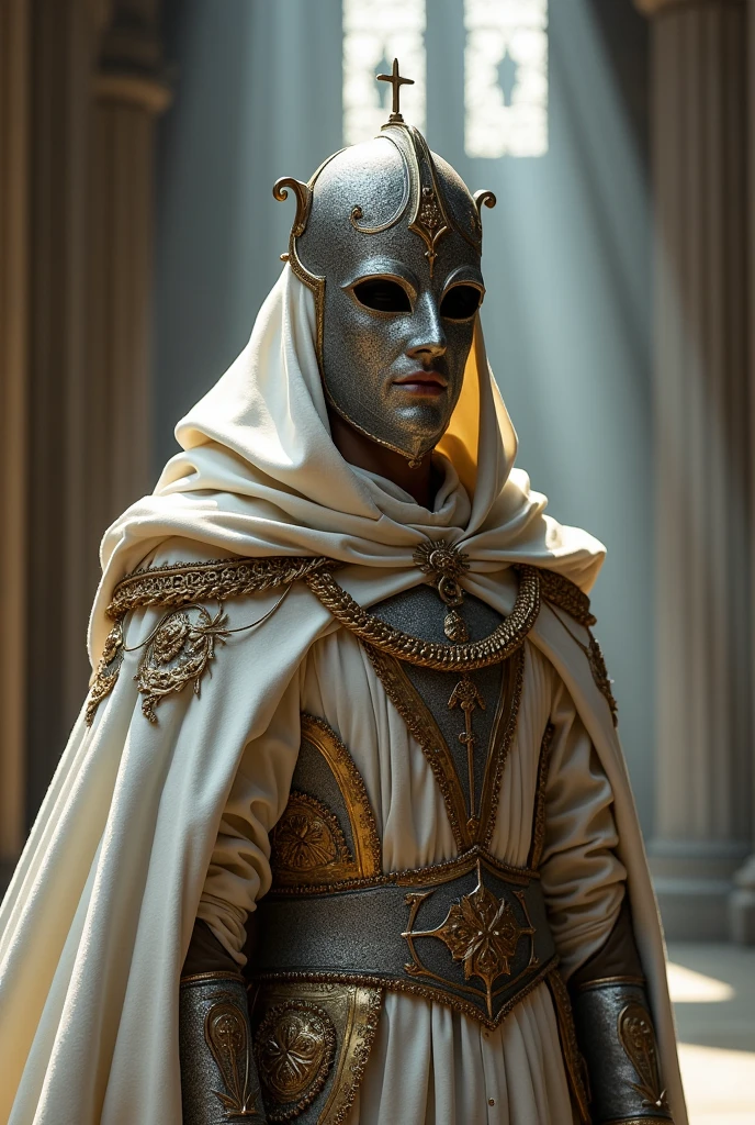 King baldwin wearing silver mask - the boy king, engraved gold chain, divine papacy, legendery hood, divine papacy legs, cape in whte looking cool