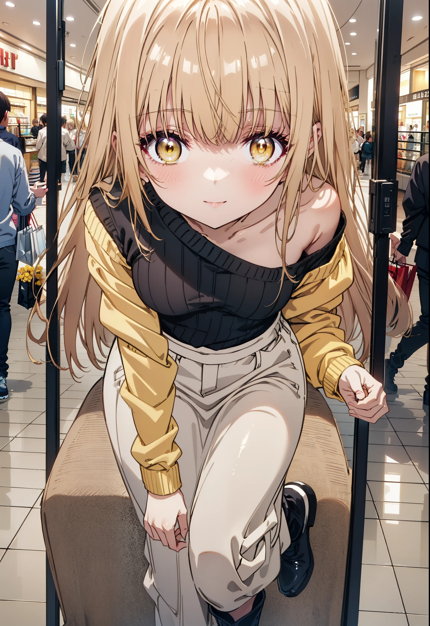 mahirushiina, mahiru shiina, Long Hair, bangs, Blonde, Brown Hair, (Yellow Eyes:1.3), smile,One-shoulder sweater,Long skirt,Black pantyhose,short boots,Walking,whole bodyがイラストに入るように,
break indoors, Shopping mall,
break looking at viewer, whole body,
break (masterpiece:1.2), Highest quality, High resolution, unity 8k wallpaper, (figure:0.8), (Beautiful attention to detail:1.6), Highly detailed face, Perfect lighting, Highly detailed CG, (Perfect hands, Perfect Anatomy),