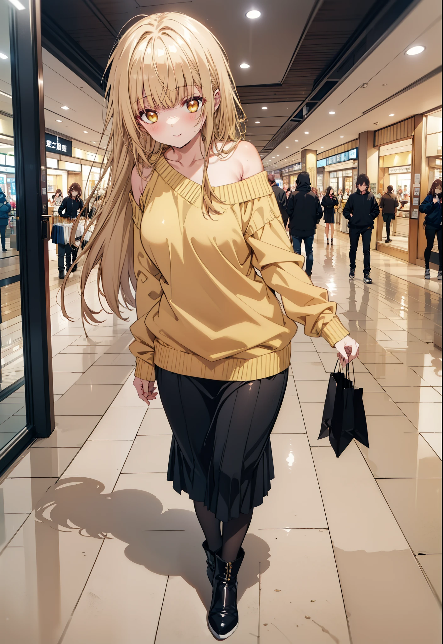 mahirushiina, mahiru shiina, Long Hair, bangs, Blonde, Brown Hair, (Yellow Eyes:1.3), smile,One-shoulder sweater,Long skirt,Black pantyhose,short boots,Walking,whole bodyがイラストに入るように,
break indoors, Shopping mall,
break looking at viewer, whole body,
break (masterpiece:1.2), Highest quality, High resolution, unity 8k wallpaper, (figure:0.8), (Beautiful attention to detail:1.6), Highly detailed face, Perfect lighting, Highly detailed CG, (Perfect hands, Perfect Anatomy),