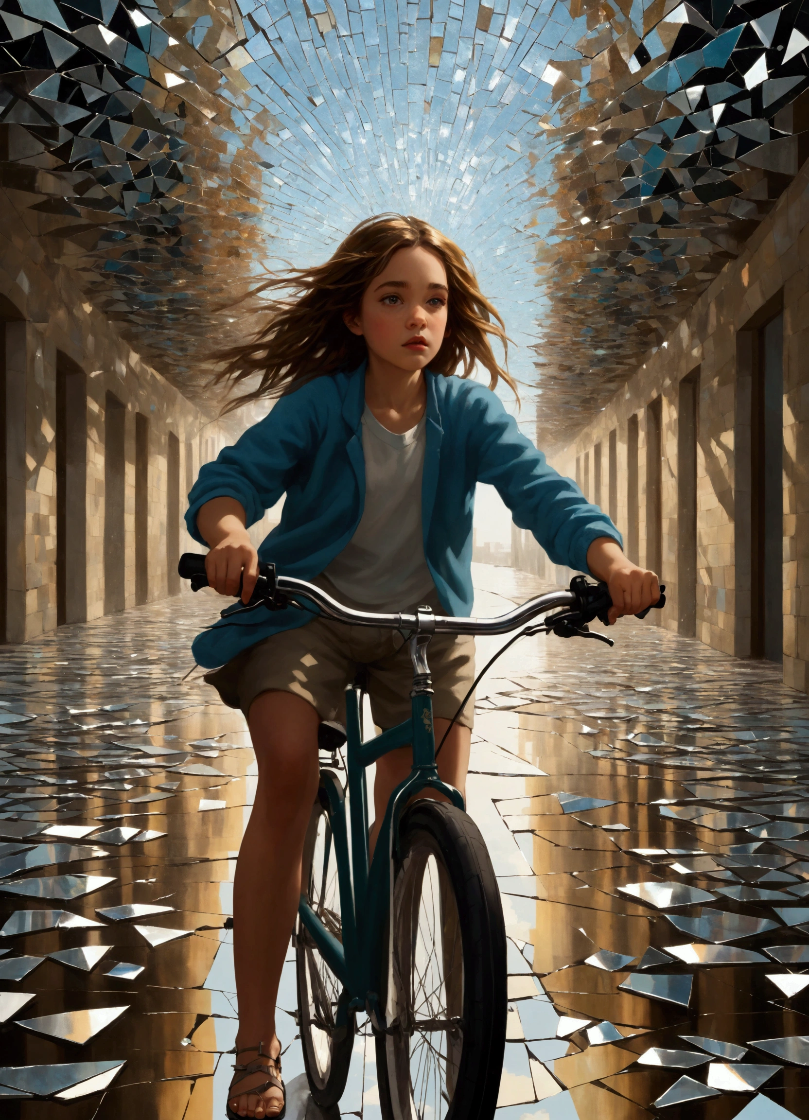 1 girl riding a bicycle, A mosaic of shattered mirrors reflects fractured identities, exploring the complexities of self-perception.