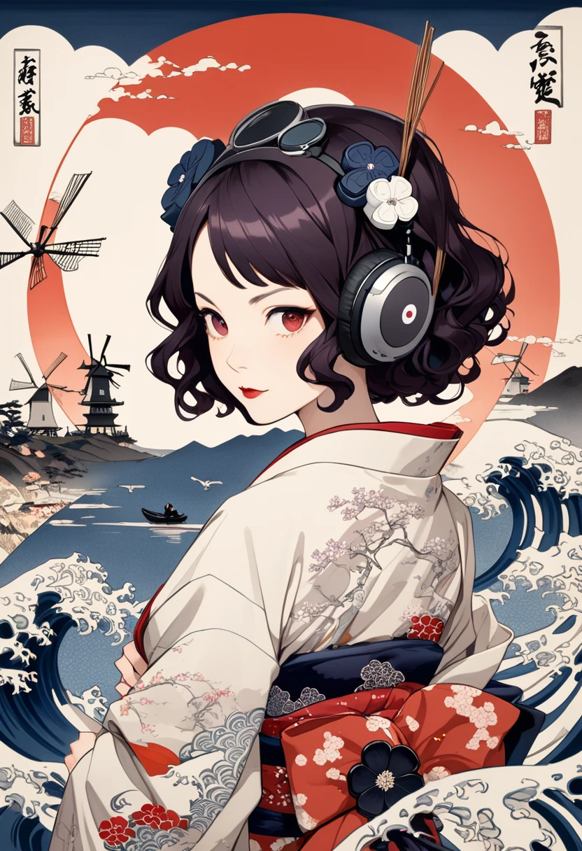 Skeleton of a woman with long hair wearing a kimono, Light purple lens sunglasses, Katsushika Hokusai, Ink Painting, Japanese style headphones, Modern ukiyo-e style, Red Eyes, windmill