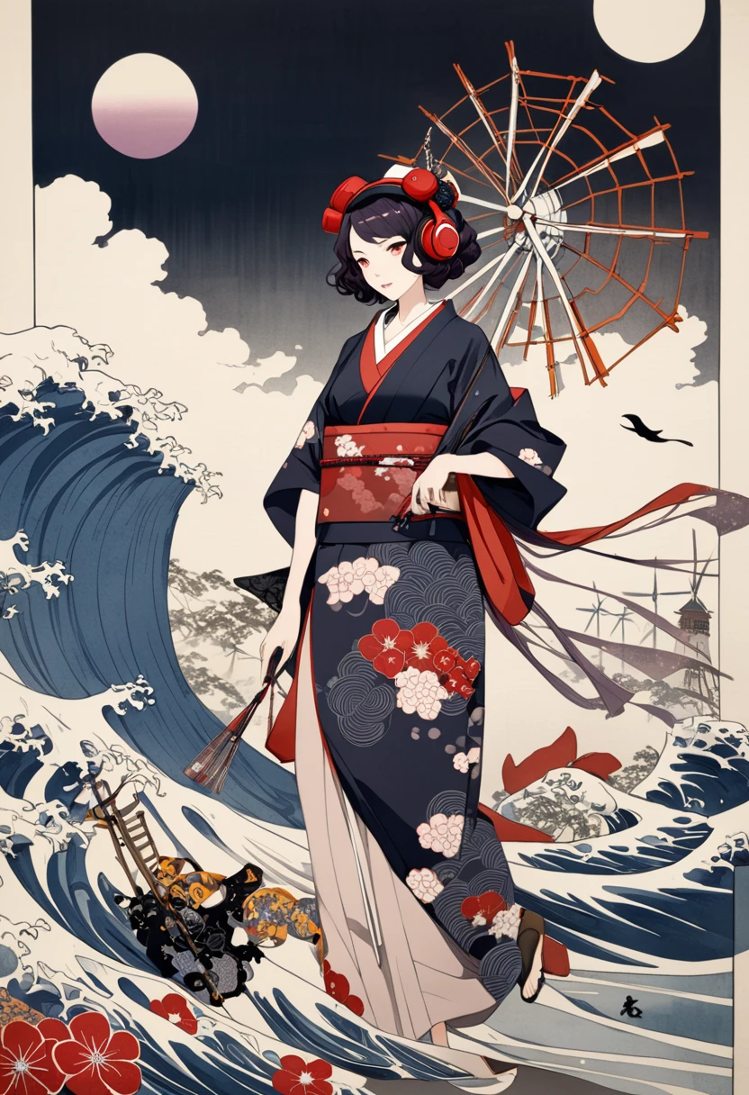 Skeleton of a woman with long hair wearing a kimono, Light purple lens sunglasses, Katsushika Hokusai, Ink Painting, Japanese style headphones, Modern ukiyo-e style, Red Eyes, windmill