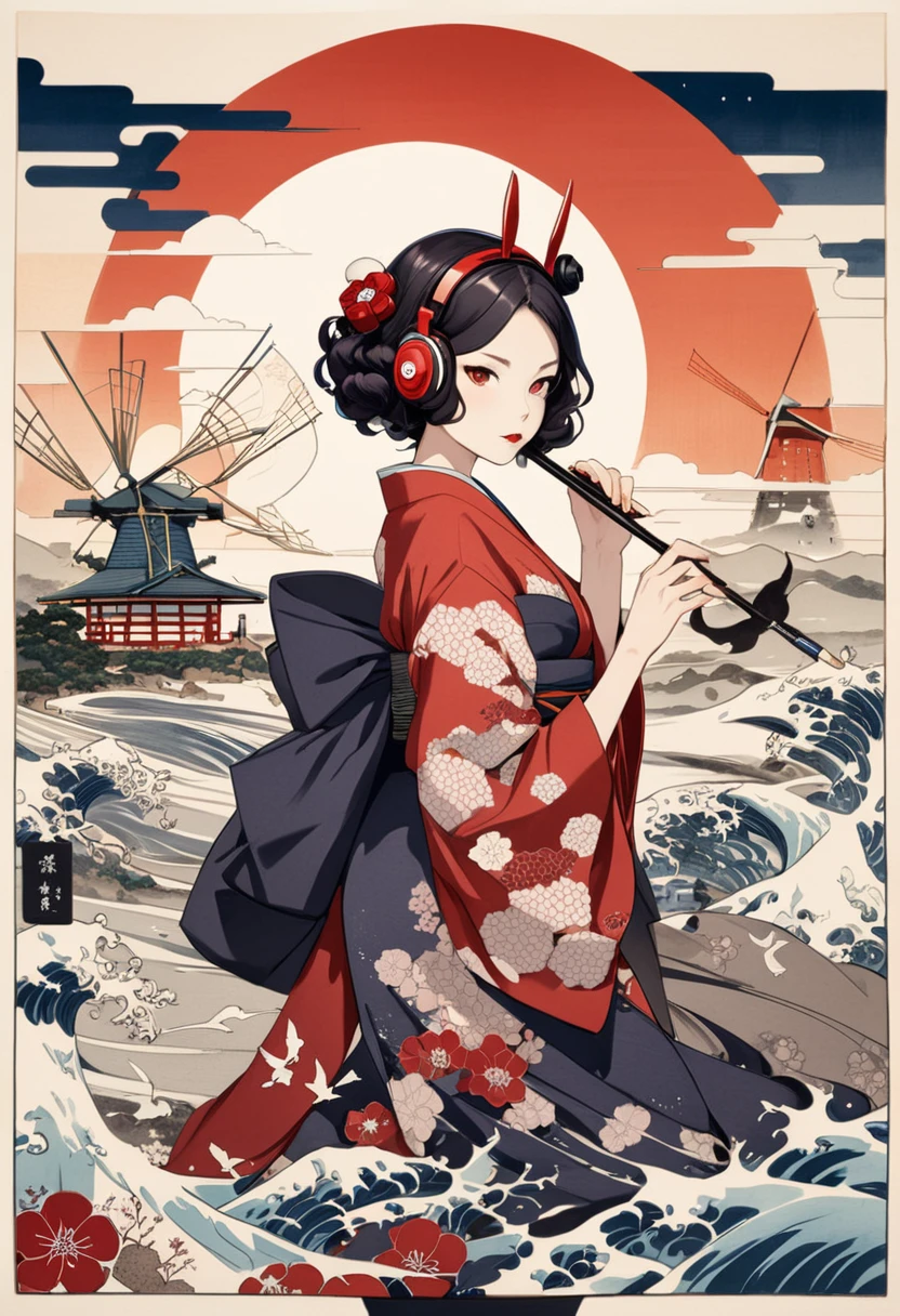 Skeleton of a woman with long hair wearing a kimono, Light purple lens sunglasses, Katsushika Hokusai, Ink Painting, Japanese style headphones, Modern ukiyo-e style, Red Eyes, windmill
