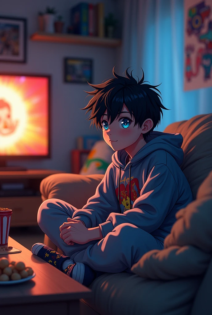 Anime-style boy sitting watching a movie 