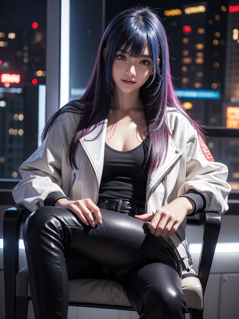 Best Quality,8k,middle School girls,leather jacket,I'm grating my bangs,Straight Hair,perfectionにまっすぐな髪型,Smooth hair,colorful hair colors,blue eyes,Flashy hair,Cyberpunk Girl,Naughty,model,Absurd,Wearing leather pants,Horny girl,Naughty,masterpiece,perfection,hoodie,smile,Long Hair,Sitting in a chair,