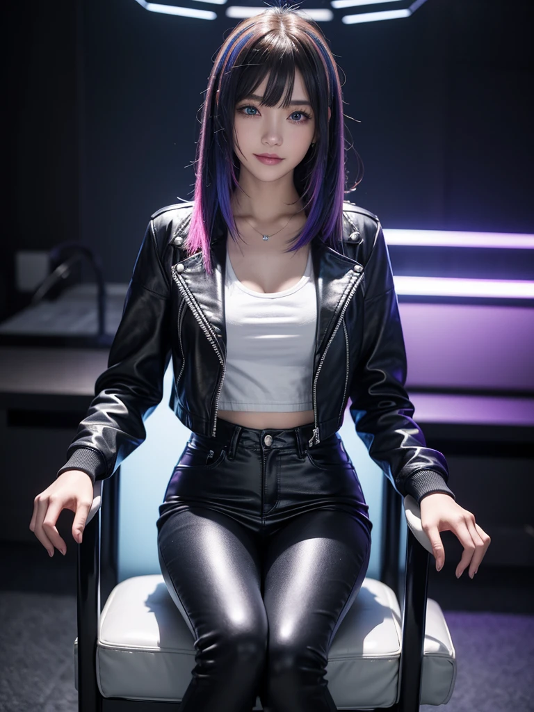 Best Quality，8k，middle School girls，leather jacket，I'm grating my bangs，Straight Hair，perfectionにまっすぐな髪型，Smooth hair，colorful hair colors，blue eyes，Flashy hair，Cyberpunk Girl，Naughty，model，Absurd，Wearing leather pants，Horny girl，Naughty，masterpiece，perfection，hoodie，smile，Long Hair，Sitting in a chair，