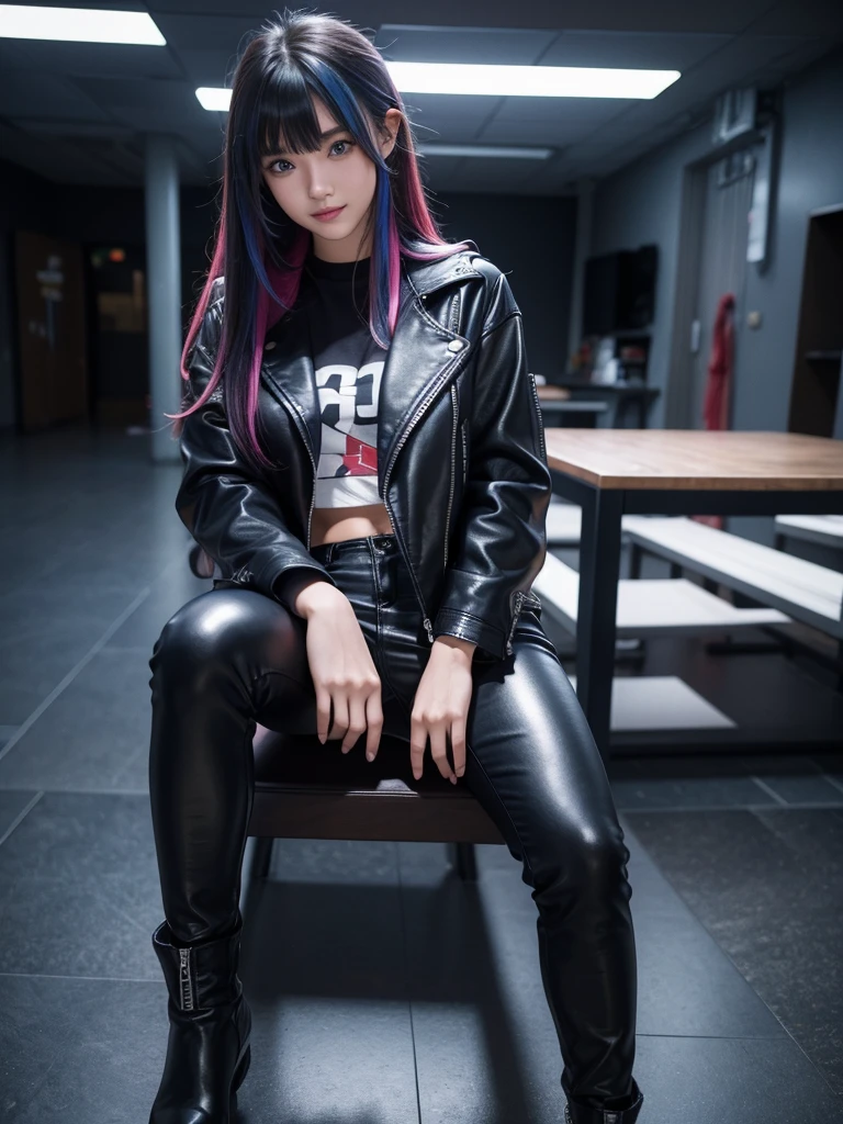 Best Quality，8k， girls，leather jacket，I'm grating my bangs，Straight Hair，perfectionにまっすぐな髪型，Smooth hair，colorful hair colors，blue eyes，Flashy hair，Cyberpunk Girl，Naughty，model，Absurd，Wearing leather pants，Horny girl，Naughty，masterpiece，perfection，hoodie，smile，Long Hair，Sitting in a chair，