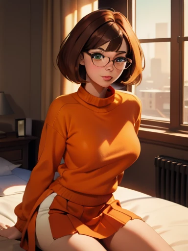 High definition, 8 k quality, work of art, velma, (1 girl, lonely girl) dream girl, Breasts huge, beautiful  face, kissing lips, short straight bob hairstyle, long bangs, perfect make-up, lifelike face, detailedeyes, jade green eyes, brunette hair, eyelash, Room, Sitting in bed, eyes on the spectator, ((orange sweater)), high collar sweater, transparent lens glasses, ((red skirt)),  nsfw skirt, bite the lips, ssmile, White-panties, whole body,