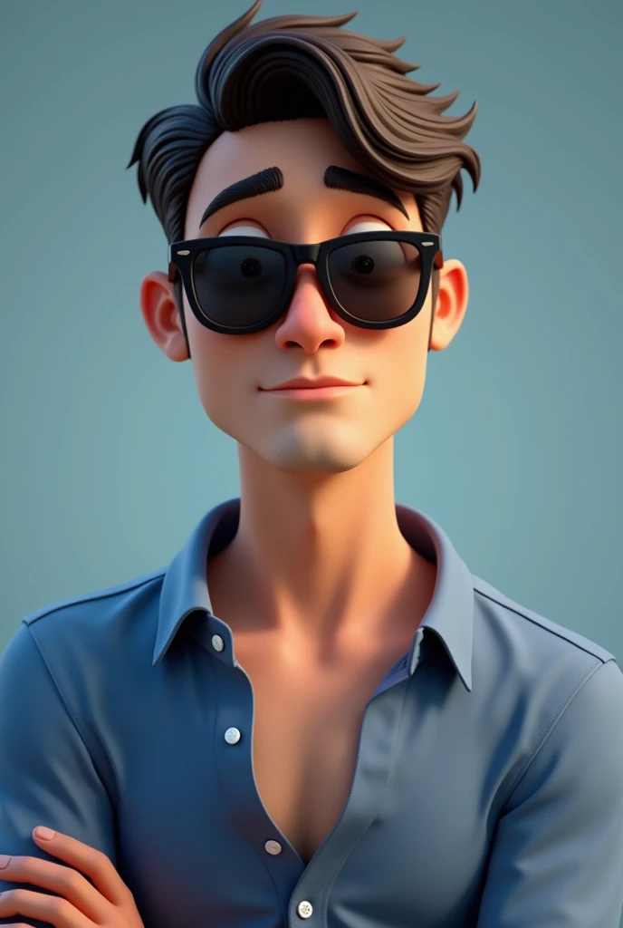 Personnage de dessin animé d'un homme portant des lunettes noires et une chemise bleue, un personnage animé, personnage stylisé, rendu du style d'animation, stylisé en 3D, Rendu Arnold Maya, Rendu 3D stylisé, toon rendu keyshot, Personnage 3D, Personnage 3D, Rendu 3D stylisé, rendu de personnage 3D, personnage de dessin animé, Caractère gros plan, Pose du personnage, (Style Pixar) (partie maîtresse:1.2) (bokeh) (Meilleure qualité) (peau détaillée) (texture détaillée) (8k) (argile) (Éclairage cinématographique) (netteté,Asseyez-vous et soulevez le haut de votre corps