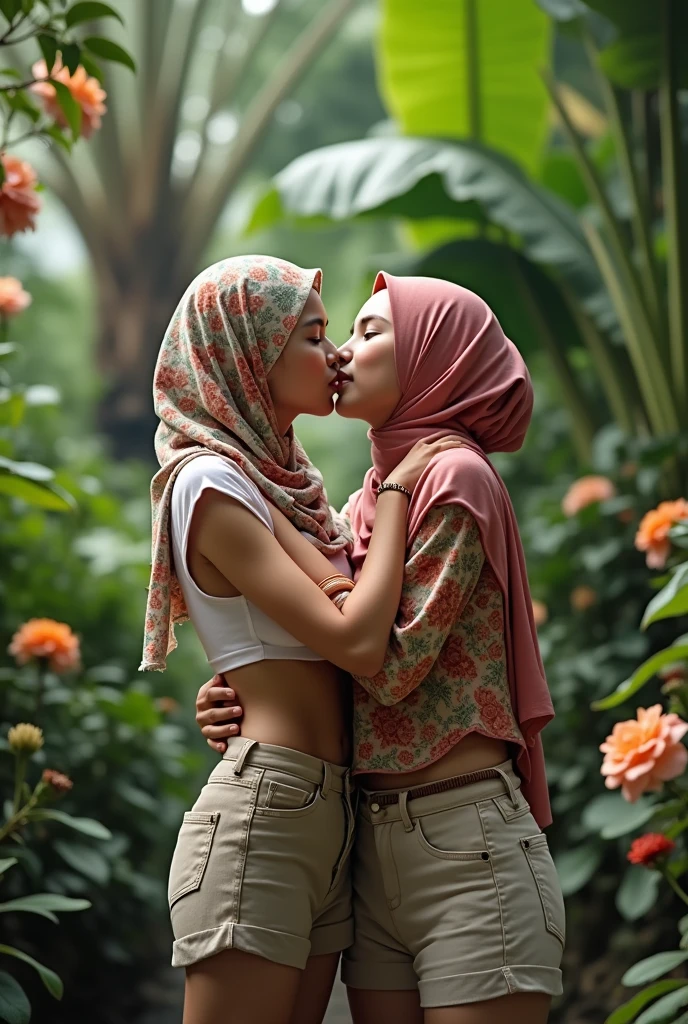 two indonesian hijab lesbian girl,bra only and short pants only,hugging,kissing,realistic,hd details,front view