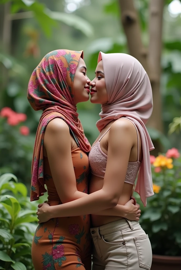 two indonesian hijab lesbian girl,bra only and short pants only,hugging,kissing,realistic,hd details,front view
