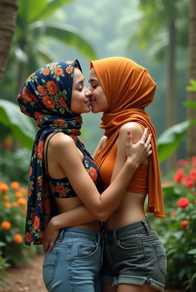 extreme close up of two hijab indonesian lesbian girl laying down,bra and panties,hugging,sit on lap kissing