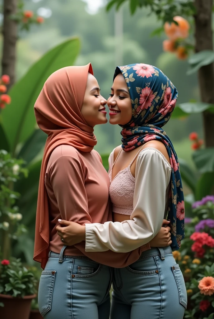 two indonesian hijab lesbian girl,bra only and short pants only,hugging,kissing,realistic,hd details,front view