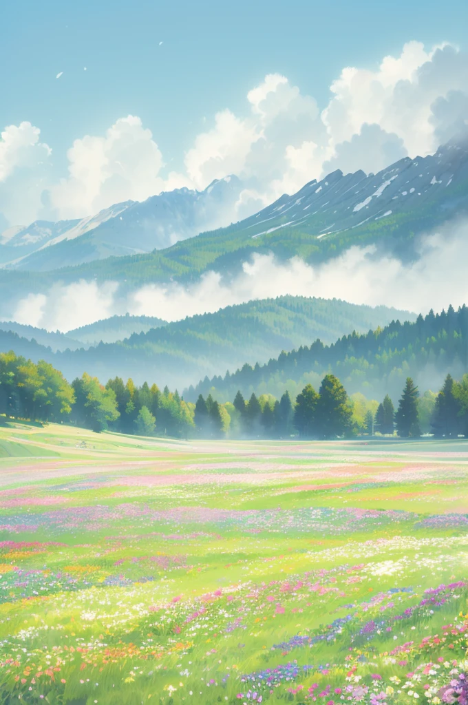 a field of colorful wildflowers, lush green trees casting gentle shadows, majestic snow-capped mountains in the distance, fresh crisp clean air, serene tranquil landscape, , (best quality,4k,8k,highres,masterpiece:1.2),ultra-detailed,(realistic,photorealistic,photo-realistic:1.37),vibrant colors,dramatic lighting,cinematic composition
