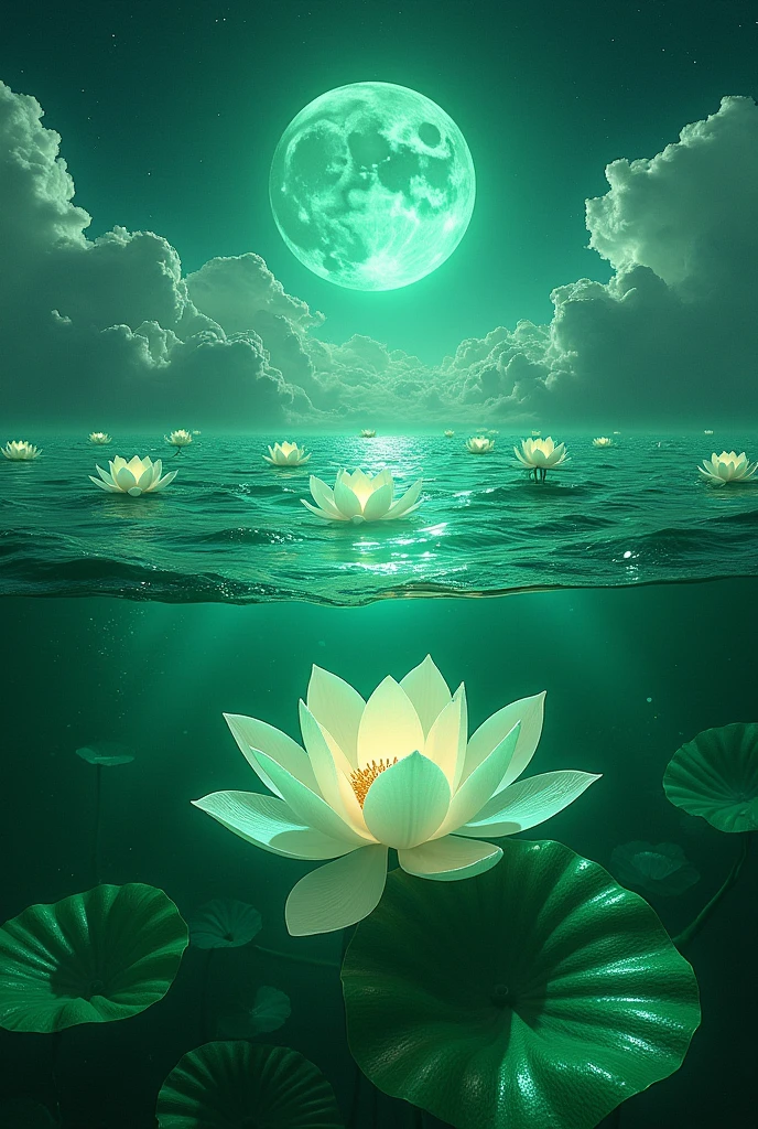 "Create an image of a vast emerald green ocean with waves made of shimmering liquid crystal. Rising from the ocean's depths are colossal, glowing emerald green lotus flowers, each petal made of translucent crystal that glows softly from within. The flowers float serenely on the water's surface, their roots extending deep into the ocean below, where they intertwine with glowing emerald coral. Above, an emerald green sky is filled with floating, crystalline islands that sparkle in the light of a giant, glowing emerald moon, casting a tranquil, otherworldly glow over the entire scene."