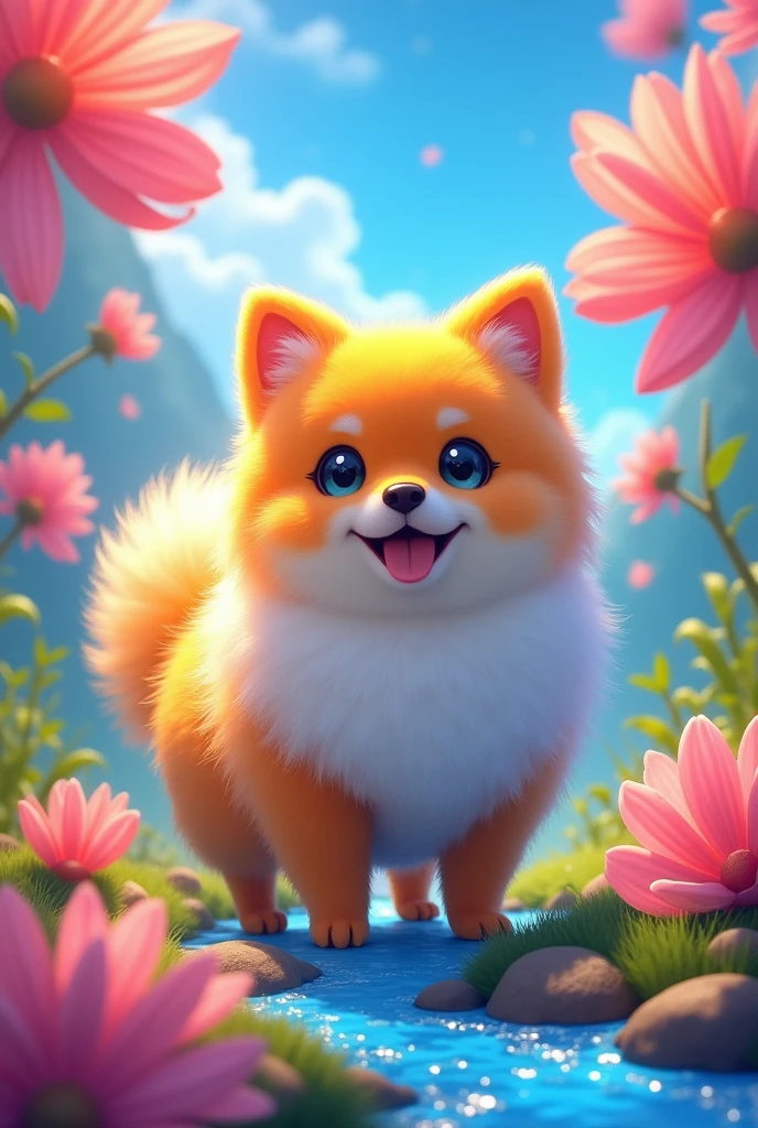 facing the front. A character in like a Pomeranian. Not human. The fur is colorful and conspicuous.Pokemon-like character