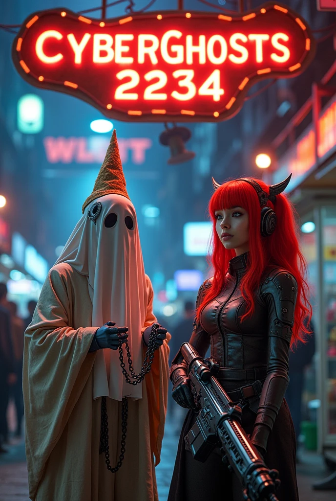 a sign that says "CyberGhosts 2234" with a ghost wearing a wizard hat and chains in his hands accompanied by a cyborg girl with a gun in her hands, long red hair and bangs, located in a market