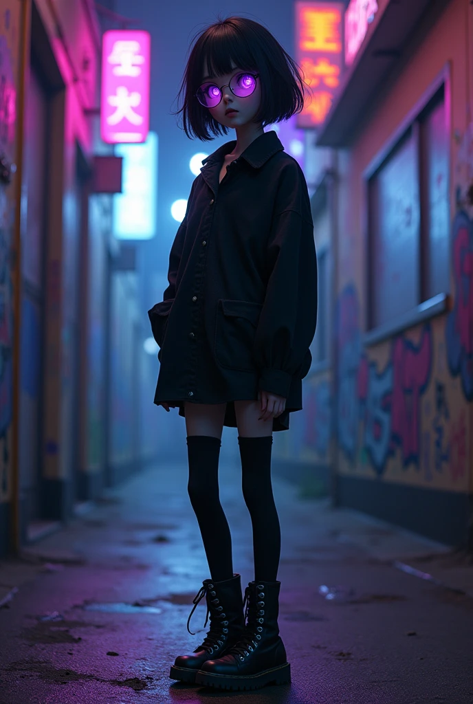 girl, short hair, round lenses, Chest Cup D, mid back, black clothes, black Japanese pants, black gothic shoes, purple anime eyes