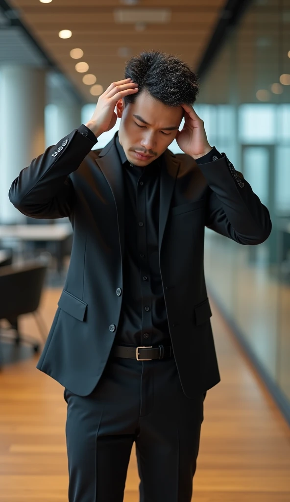 Create a handsome Asian man，Beautiful big eyes，Standing on the ground，Wears black professional attire，Scratching the scalp with both hands，There is a lot of dandruff on the top of the head，White fine dandruff on the top of the head，The expression is unhappy，The characters are realistic and realistic，Office Background，9:16 frames，Ultra-high-definition picture quality