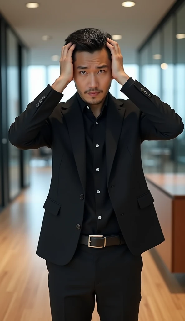 Create a handsome Asian man，Beautiful big eyes，Standing on the ground，Wears black professional attire，Scratching the scalp with both hands，There is a lot of dandruff on the top of the head，White fine dandruff on the top of the head，The expression is unhappy，The characters are realistic and realistic，Office Background，9:16 frames，Ultra-high-definition picture quality