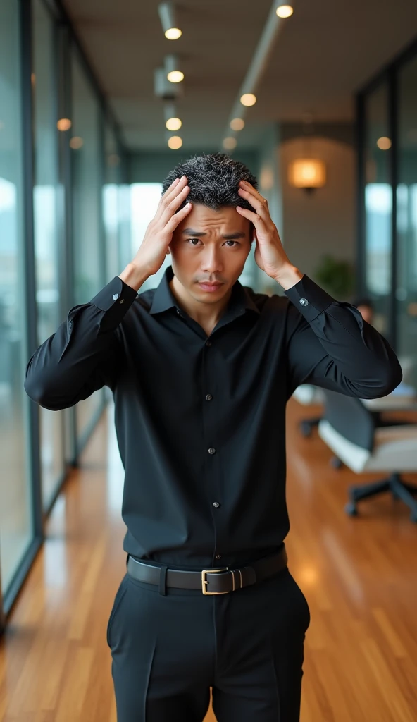 Create a handsome Asian man,Beautiful big eyes,Standing on the ground,Wears black professional attire,Scratching the scalp with both hands,There is a lot of dandruff on the top of the head,White fine dandruff on the top of the head,The expression is unhappy,The characters are realistic and realistic,Office Background,9:16 frames,Ultra-high-definition picture quality