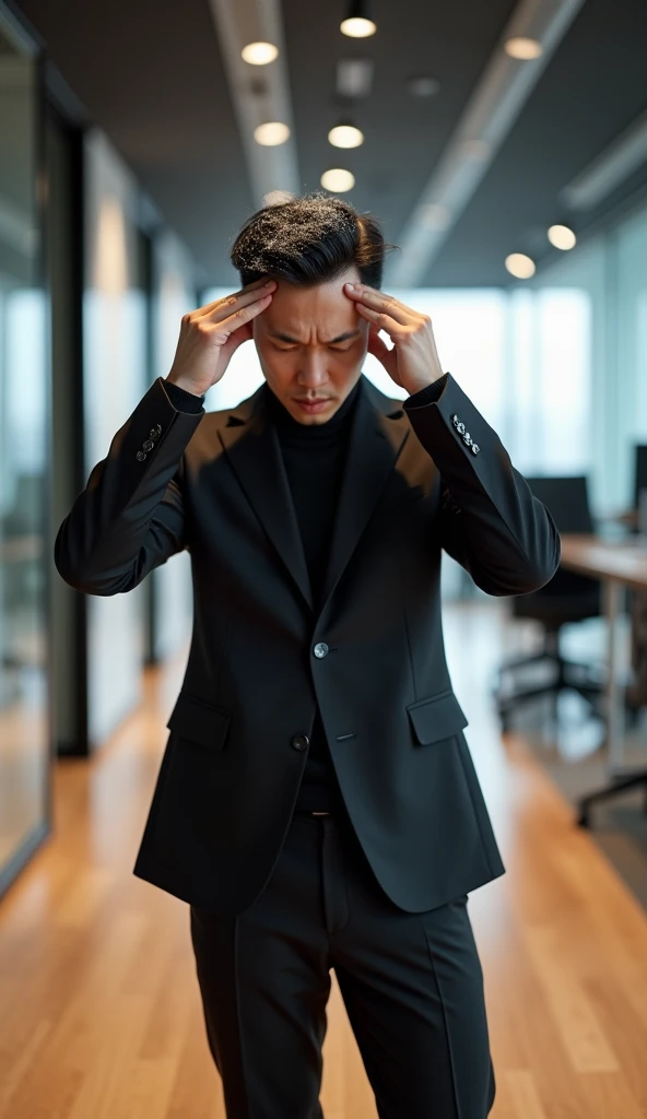 Create a handsome Asian man,Beautiful big eyes,Standing on the ground,Wears black professional attire,Scratching the scalp with both hands,There is a lot of dandruff on the top of the head,White fine dandruff on the top of the head,The expression is unhappy,The characters are realistic and realistic,Office Background,9:16 frames,Ultra-high-definition picture quality