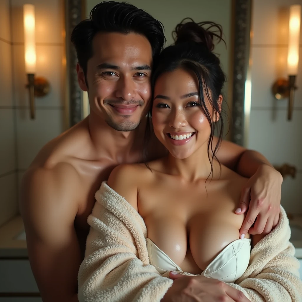 a beautiful malay woman, plump, natural big breasts, chest covered with towel, wet body, water droplet all over the body, hairy armpit, messy tied hair, hug by a handsome man from behind, selfie in the bathroom, look at the viewer,natural light, realistic photography, wide angle shot, detailed facial features, photorealistic, high quality, 8k, masterpiece
