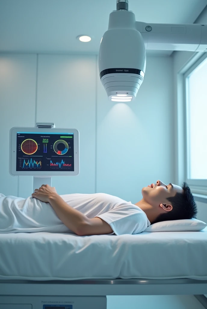 In a clinic room, an asian patient with cloth lies flat on a bed with wearable sensors on his arm.  Above him, is a millimeter wave system emitting wave on his chest. Besides him, an ipad displays vital signs information.