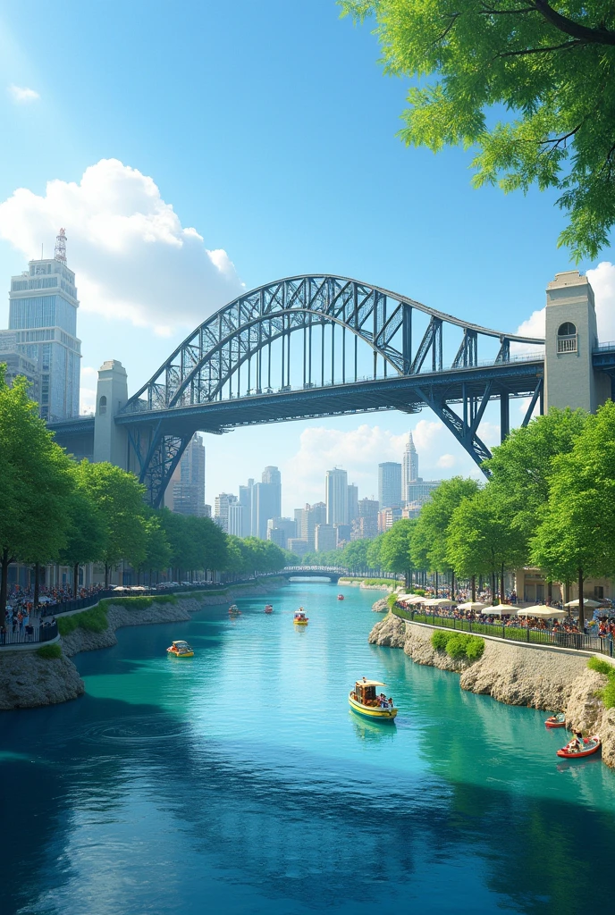 City near a bridge and a lake