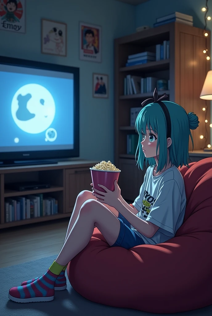 Anime-style teenager sitting watching a movie