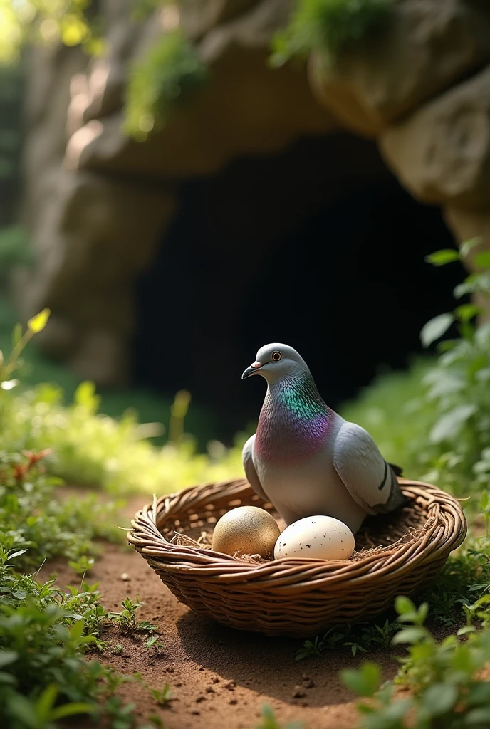 One pigeon, seat in grass bascket, in bascket eggof pigeon, front of cave