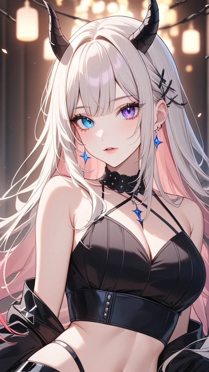 1 girl, Adult woman, One, g0ld3mb, Air, (platinum blonde hair) hair, hime cut, (kawaii hair clips:1.2) high quality, Best quality, A high resolution, high detail, (Airen aura magic), hair uplifted, horns,Beautiful young gray-haired woman with piercing red and blue eyes, half smile with full lips, black nails, barbed wire everywhere(rolled black barbed wire),read with your eyes,Blue eyes, (Different eyes), (heterochromia)
