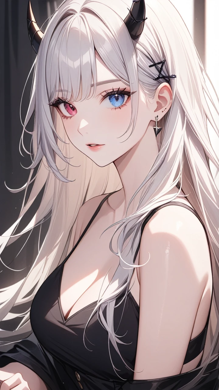 1 girl, Adult woman,  One, g0ld3mb, Air, (platinum blonde hair) hair, hime cut, (kawaii hair clips:1.2)    high quality, Best quality, A high resolution, high detail, (Airen aura magic), hair uplifted, horns,Beautiful young gray-haired woman with piercing red and blue eyes, half smile with full lips, black nails, barbed wire everywhere(rolled black barbed wire),read with your eyes,Blue eyes, (Different eyes), (heterochromia)