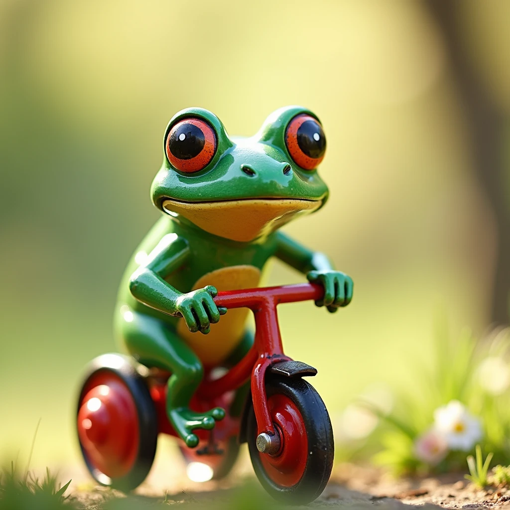 Frog toy on bicycle, tin plate toy, close-up expression, blurry background,