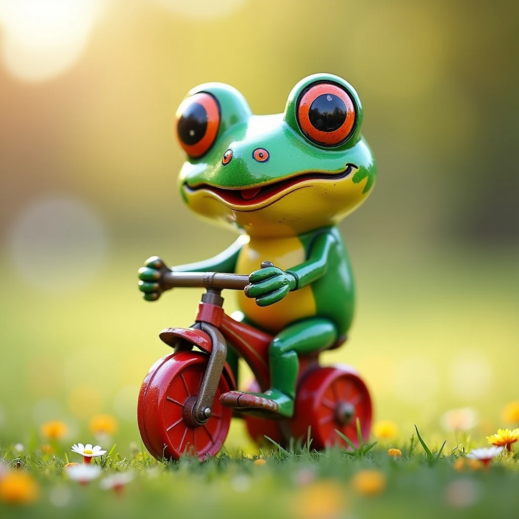 Frog toy on bicycle, tin plate toy, close-up expression, blurry background,