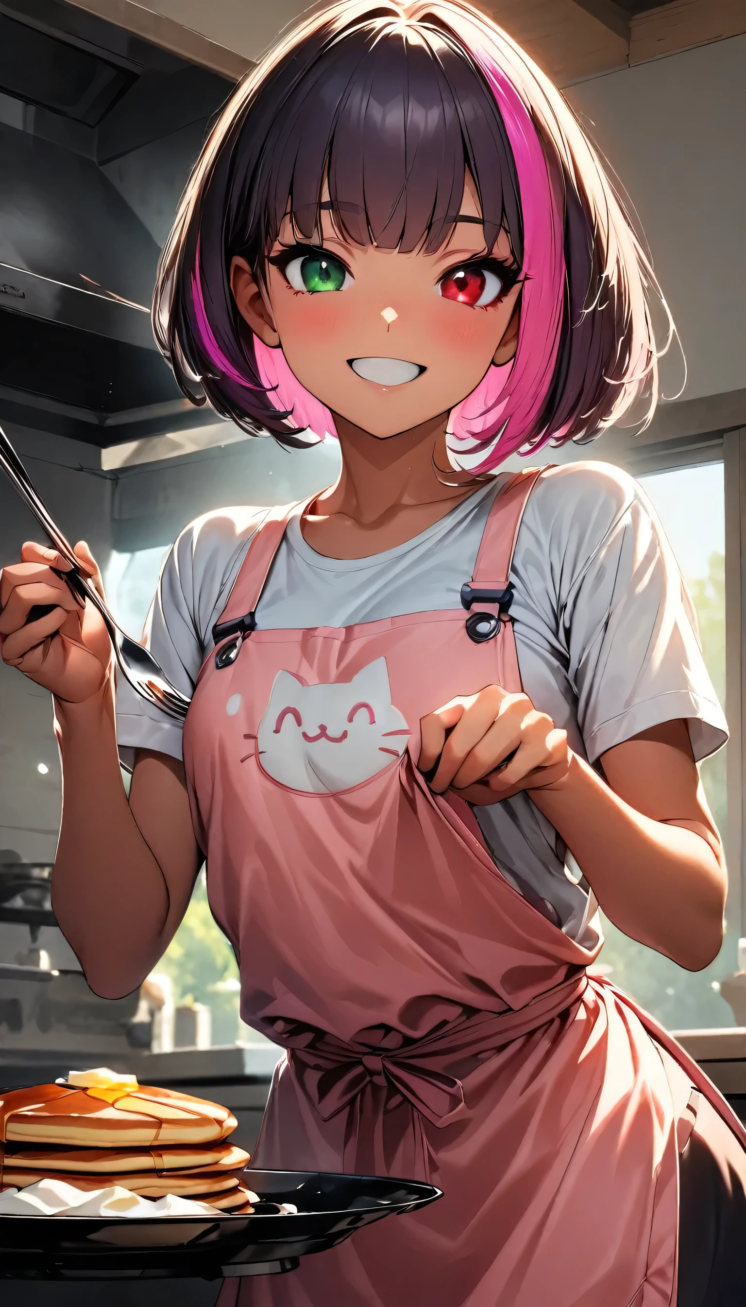 (highest quality:1.2, Very detailed, up to date, Vibrant, Ultra-high resolution, High Contrast, masterpiece:1.2, highest quality, Best aesthetics), Portraiture、girl、20-years-old, slim, , heterrochromia, green eye, red eye, stage、Bright colors、Beautiful fine details、Beautiful lip detail、extra short hair, ((bob cut:1.5))、pink and purple ((streaked hair:1.9)), (highlights hair: 1.6), ((small breast:1.3), (tan skin:0.7), cooking、((making pancakes:1.5)), (bright kitchen:1.5), big window background, (pink apron, cat design print)、tank top, (happy:2.5), ((cowboy shot:1))