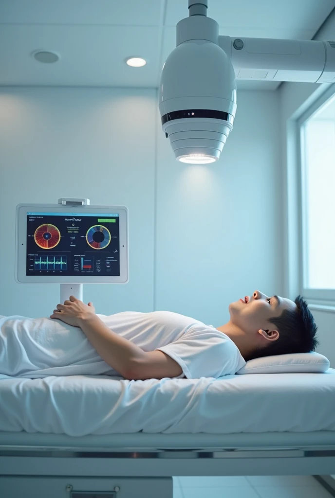 In a clinic room, an asian patient with cloth lies flat on a bed with wearable sensors on his arm.  Above him, is a millimeter wave system emitting wave on his chest. Besides him, an ipad displays vital signs information.