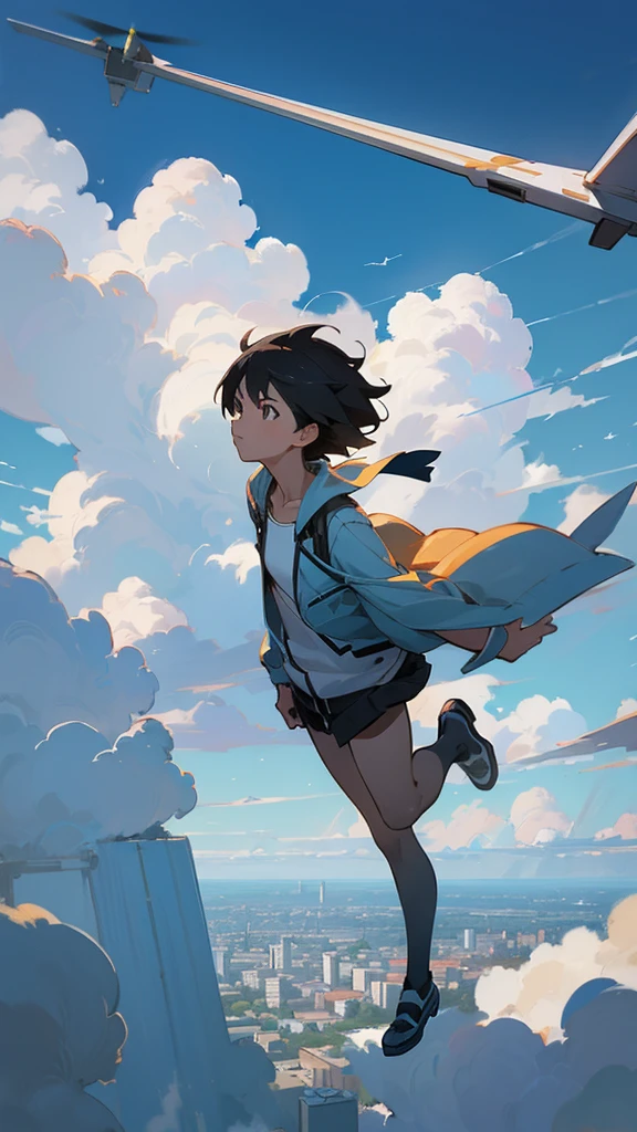 
Flat painted hand-drawn background, Makoto Shinkai's sky, blue, with a studio and city below, drone airplane, large background generated from a rooftop perspective, sky occupies a large portion, large scene, looking up, drone