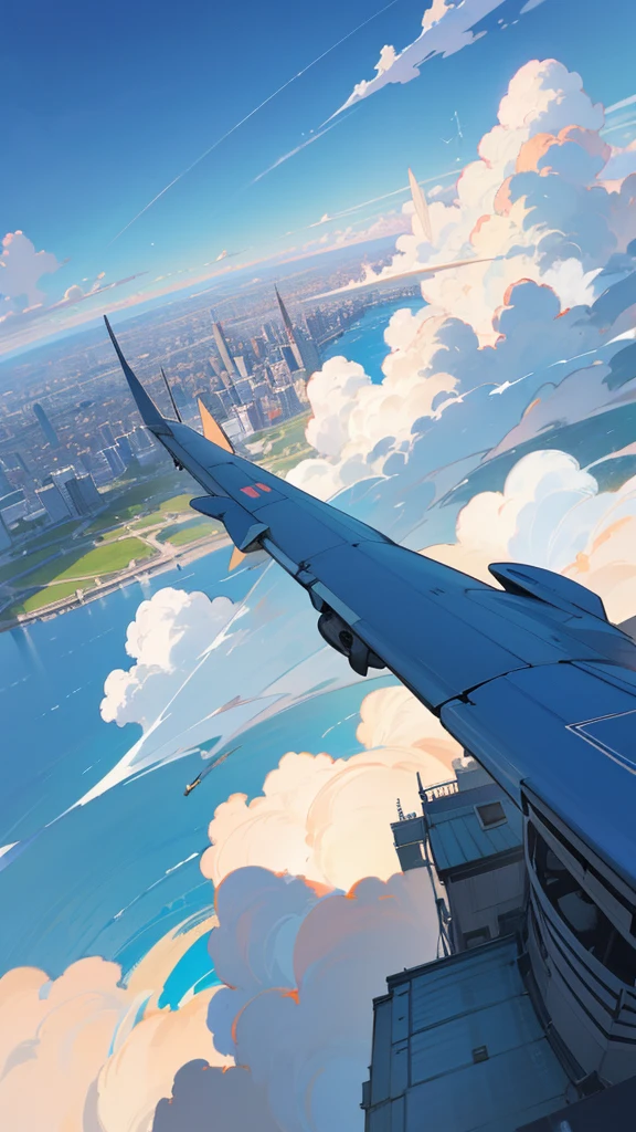 Flat painted hand-drawn background, Makoto Shinkai's sky, blue, with a studio and city below, drone airplane, large background generated from a rooftop perspective, sky occupies a large portion, large scene, looking up, drone