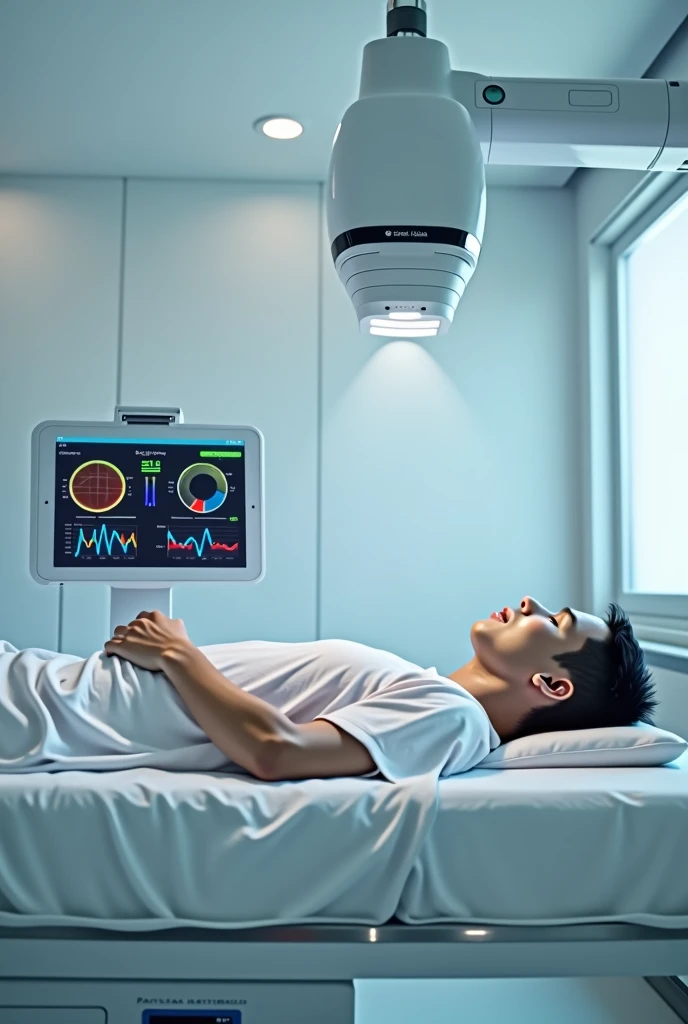 In a clinic room, an asian patient with cloth lies flat on a bed with wearable sensors on his arm.  Above him, is a millimeter wave system emitting wave on his chest. Besides him, an ipad displays vital signs information.