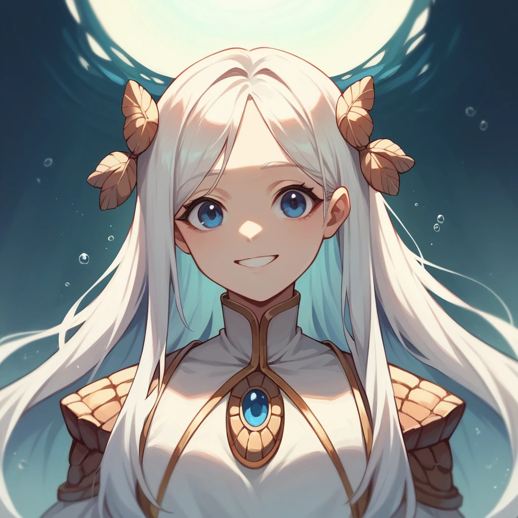 (best quality, masterpiece), 1 girl, upper body, cute girl, under the sea, (white long hair), straight hair, deep dark blue eyes, smile, no accessories, top made shells