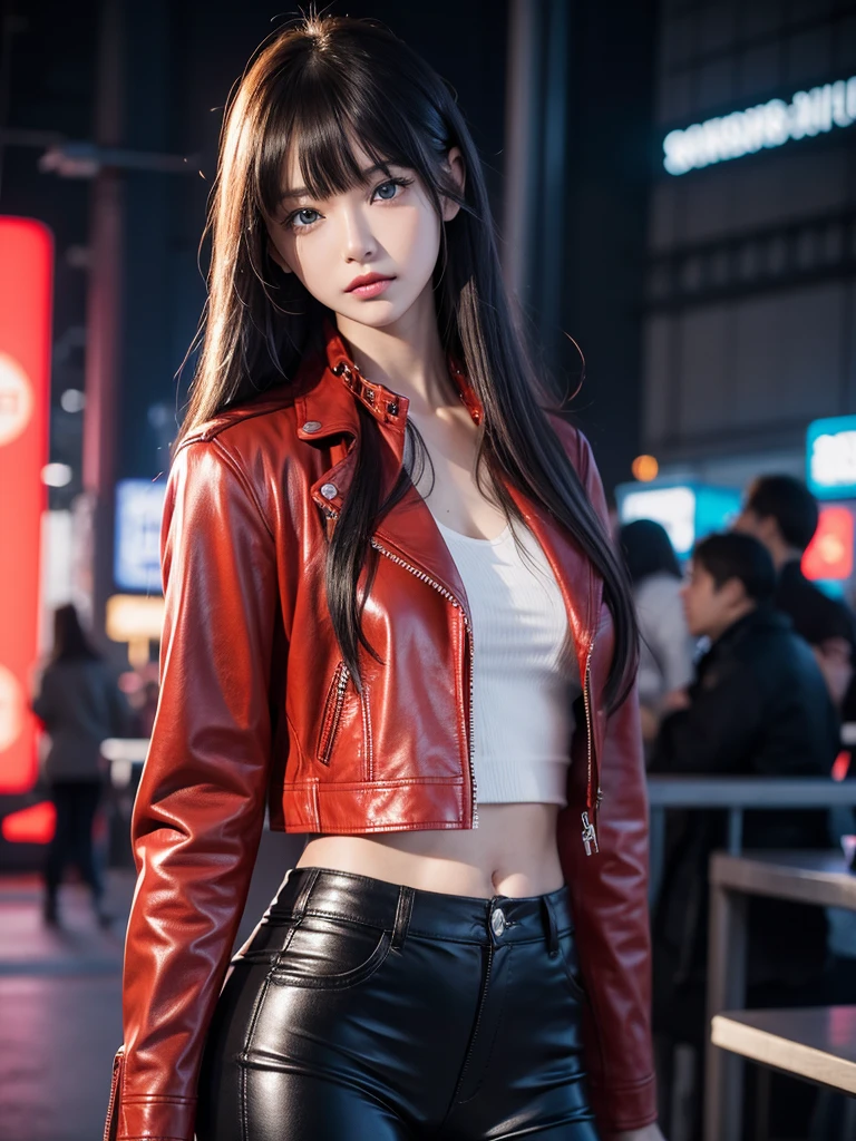 Best Quality，8k，middle School girls，Red Leather Jacket，I'm grating my bangs，Straight Hair，perfectionにまっすぐな髪型，Smooth hair，colorful hair colors，blue eyes，Standing posture，Flashy hair，Cyberpunk Girl，Naughty，model，Absurd，Wearing leather pants，I&#39;m horny，Naughty，masterpiece，perfection，hoodie，smile，Long Hair，Sitting in a chair，