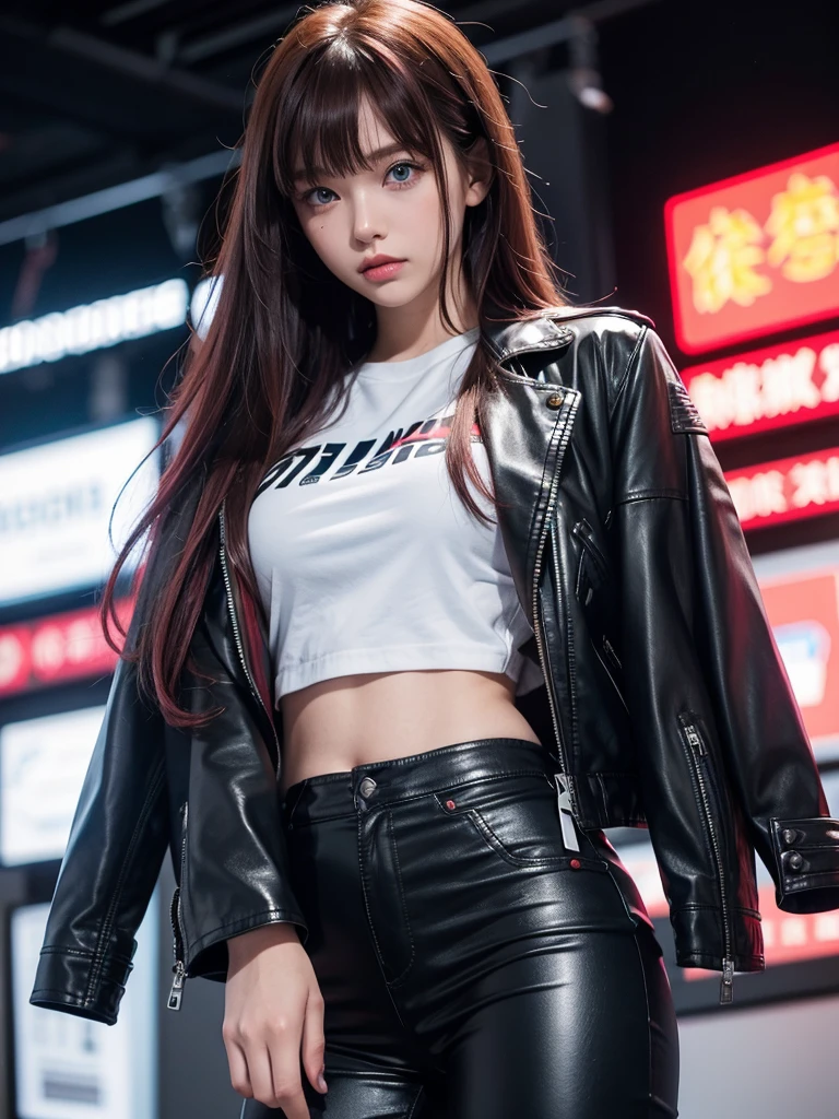 Best Quality,8k,middle School girls,Red Leather Jacket,I'm grating my bangs,Straight Hair,perfectionにまっすぐな髪型,Smooth hair,colorful hair colors,blue eyes,Standing posture,Flashy hair,Cyberpunk Girl,Naughty,model,Absurd,Wearing leather pants,I'm horny,Naughty,masterpiece,perfection,hoodie,smile,Long Hair,Sitting in a chair,