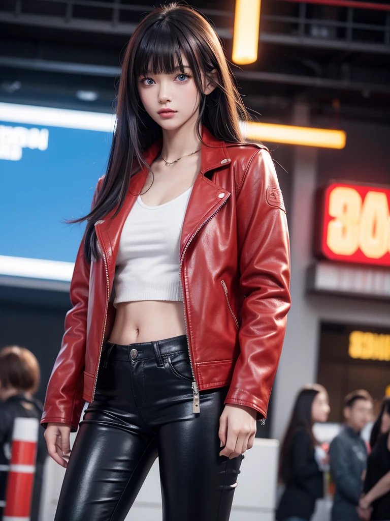 Best Quality,8k,middle School girls,Red Leather Jacket,I'm grating my bangs,Straight Hair,perfectionにまっすぐな髪型,Smooth hair,colorful hair colors,blue eyes,Standing posture,Flashy hair,Cyberpunk Girl,Naughty,model,Absurd,Wearing leather pants,I'm horny,Naughty,masterpiece,perfection,hoodie,smile,Long Hair,Sitting in a chair,