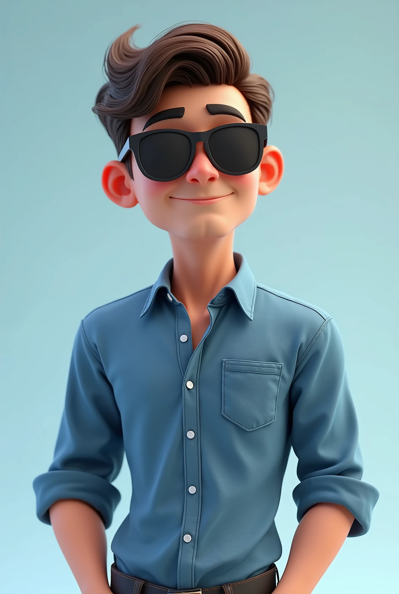 Personnage de dessin animé d'un homme portant des lunettes noires et une chemise bleue, un personnage animé, personnage stylisé, rendu du style d'animation, stylisé en 3D, Rendu Arnold Maya, Rendu 3D stylisé, toon rendu keyshot, Personnage 3D, Personnage 3D, Rendu 3D stylisé, rendu de personnage 3D, personnage de dessin animé, Caractère gros plan, Pose du personnage, (Style Pixar) (partie maîtresse:1.2) (bokeh) (Meilleure qualité) (peau détaillée) (texture détaillée) (8k) (argile) (Éclairage cinématographique) (netteté,Asseyez-vous et soulevez le haut de votre corps
