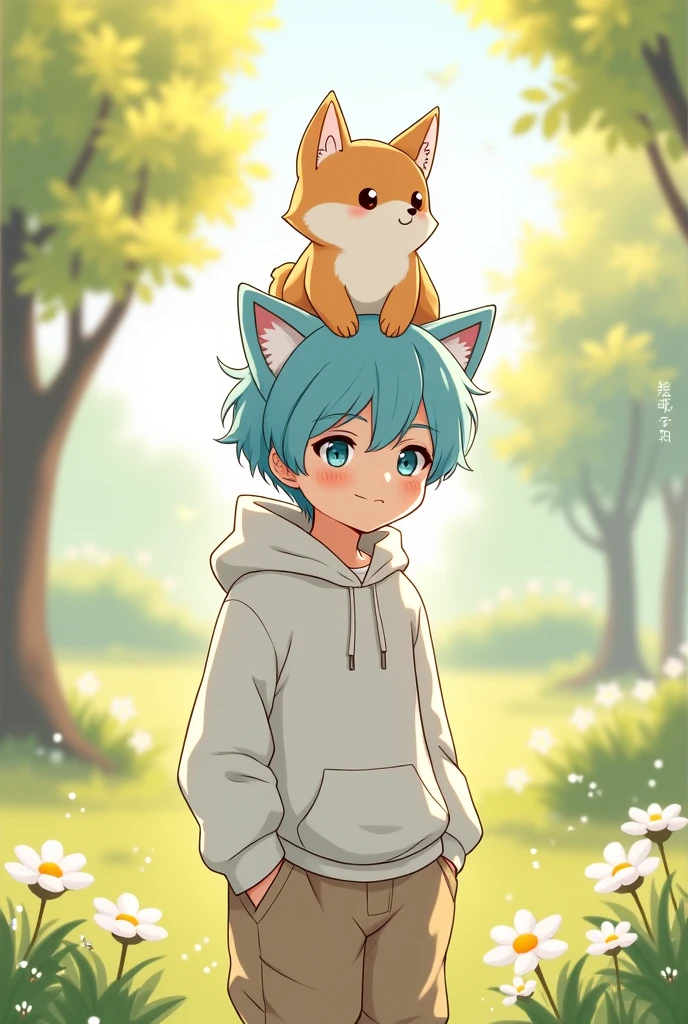 Illustration of a light blue-haired boy with dog ears with a small Shiba Inu dog on his head
The outfit is a white hoodie and baggy pants